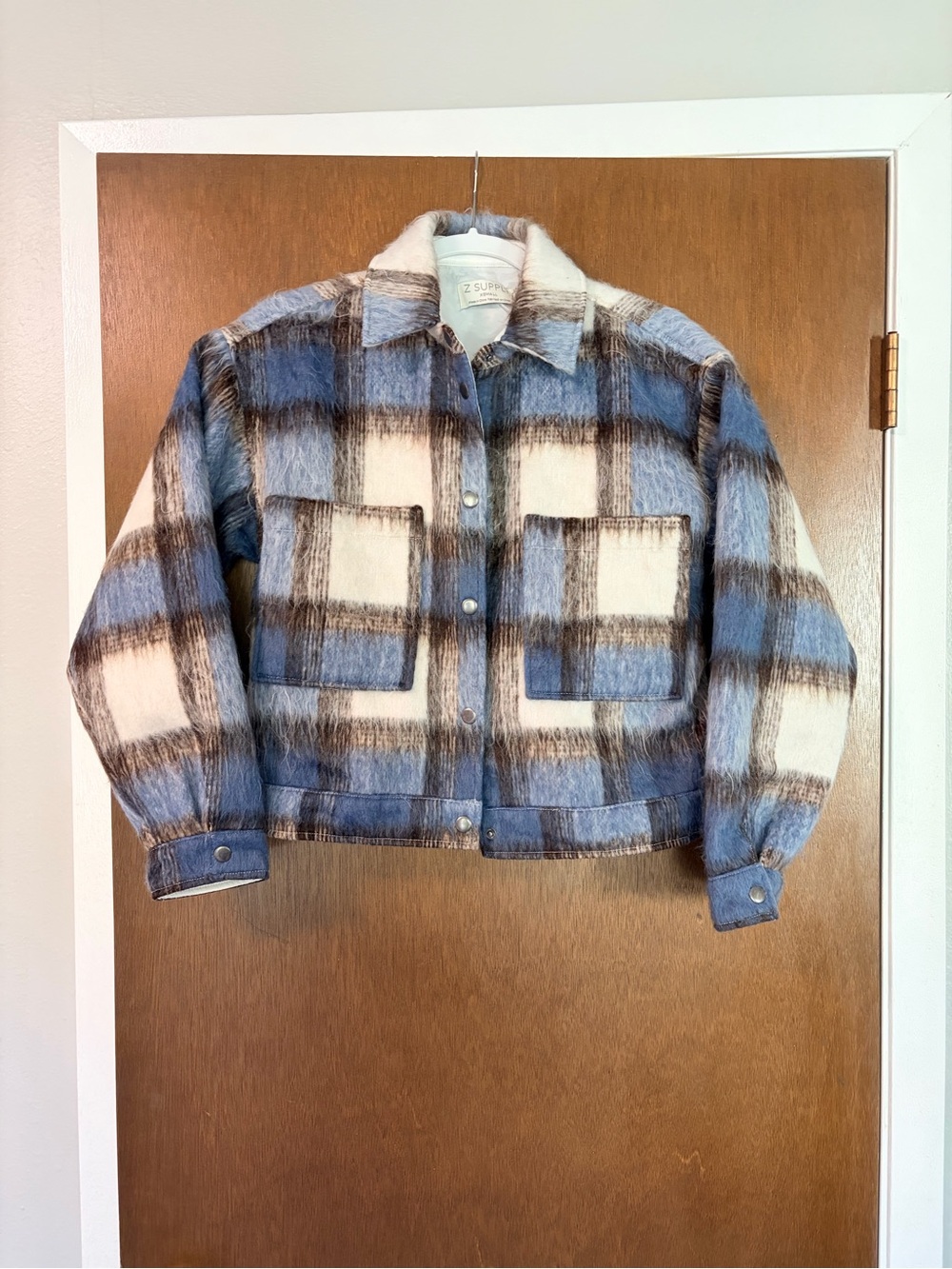 Z Supply Blue Cream and Brown Plaid Teddy Jacket